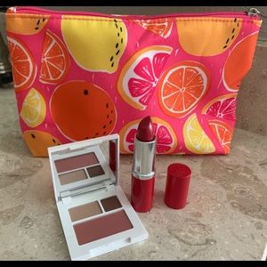 Clinique makeup eyeshadow, blush, lipstick & bag
